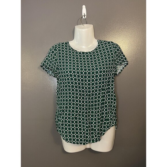 H&M Shirt Womens Small Green White Geometric Print Short Sleeve Keyhole Blouse - Picture 1 of 7